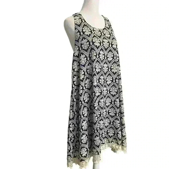 Buttons Women’s Racerback Sundress Size L Navy Cream Print Crocheted Hem Back - Picture 2 of 11